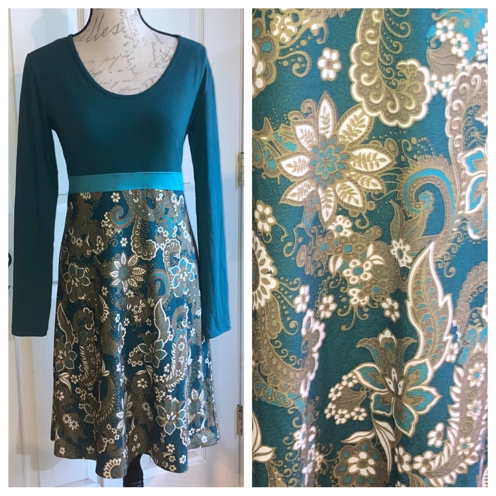 Prana Kaley Floral Paisley Jersey Midi Long Sleeve Dress Green Small